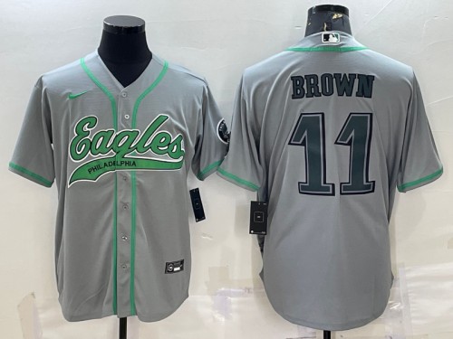 Men's Philadelphia Eagles #11 A. J. Brown Gray With Patch Cool Base Stitched Baseball Jersey